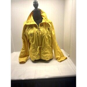 Chicos Windbreaker Womens Yellow Full Zip Drawstring Waist 4 Zip Pockets SZ S